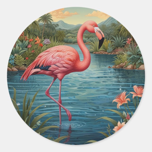 Sticker Rond Élégant paradis tropical flamand rose (Devant)
