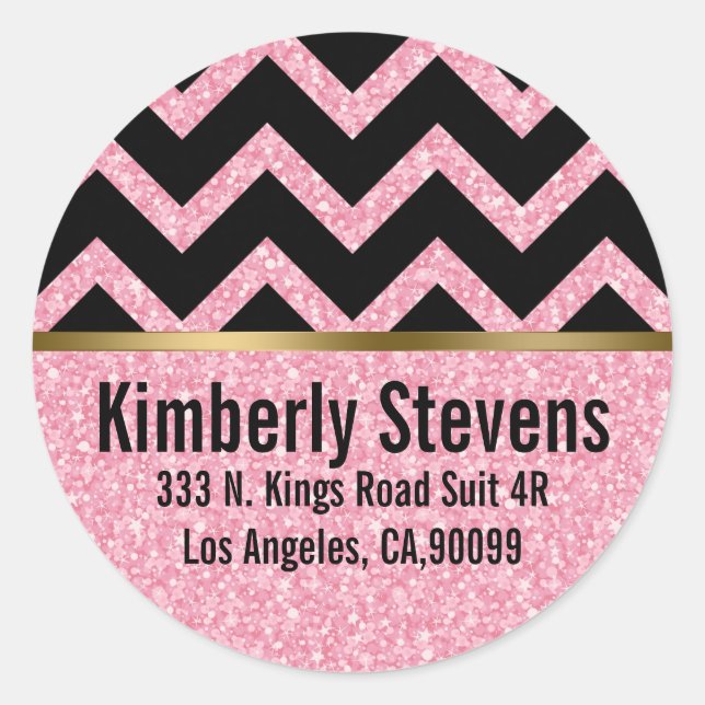 Sticker Rond Elégant Parties scintillant rose noir Chevron or A (Devant)