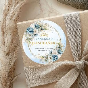 Sticker Rond Élégant Pastel Bleu Or Eucalyptus Quinceañera