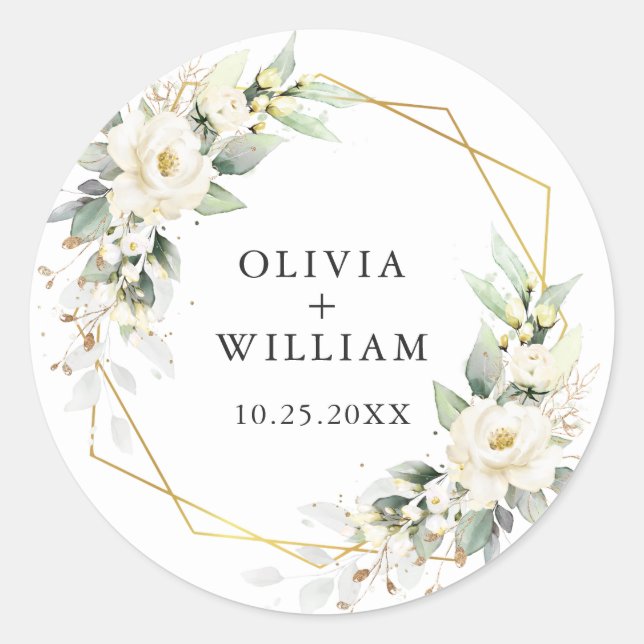 Sticker Rond Elégant Pastel White Roses Eucalyptus Mariage (Devant)