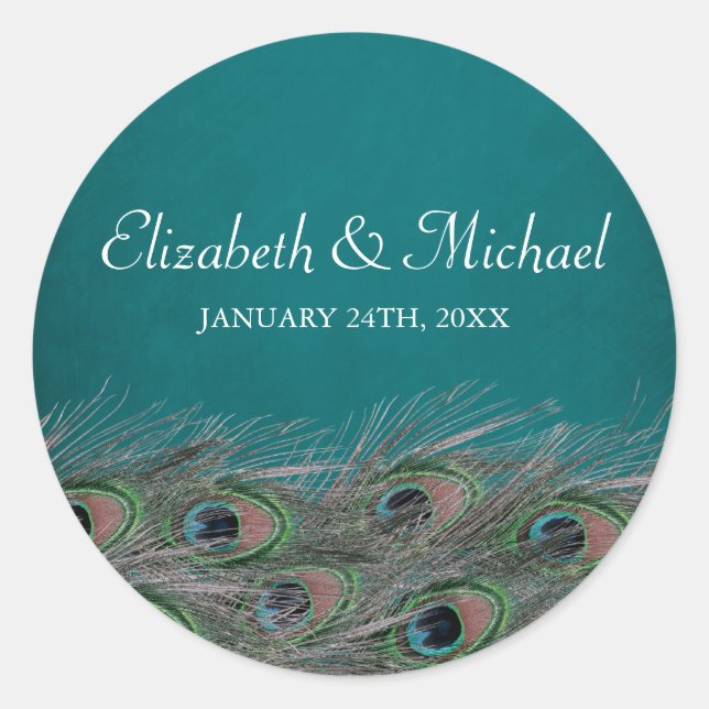 Sticker Rond Elégant Peacock Feathers Round Wedding Favor Étiqu (Devant)