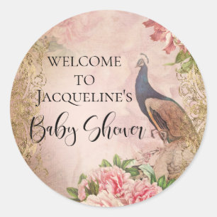 Sticker Rond Elégant Peacock Vintage Peony Baby shower fille