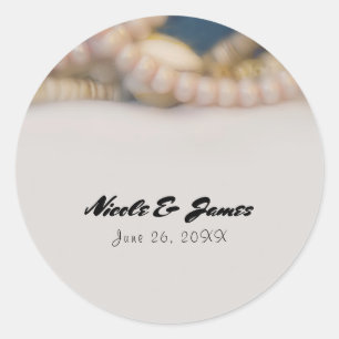 Sticker Rond Elégant Pearls & Sea Shells Plage Mariage Faveur