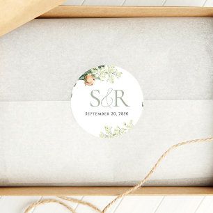 Sticker Rond Elégant Pêche Mariage Vert Floral Personnalisé