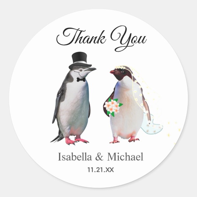 Sticker Rond Élégant Penguin Couple Merci Mariage (Devant)