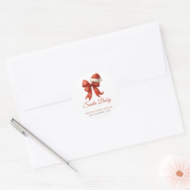 Sticker Rond Élégant Père Noël Baby shower Red Bow Noël (Enveloppe)