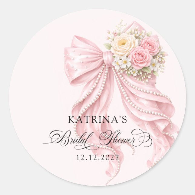 Sticker Rond Elegant Pink Bow Romantic Bridal Shower (Devant)