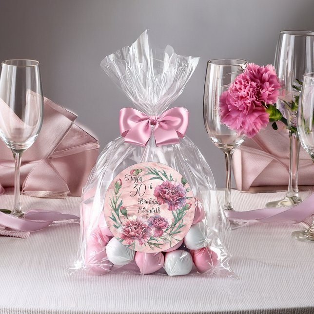 Sticker Rond Elegant Pink Carnations 30th Birthday Party (Elegant Pink Carnations 30th Birthday Party Favor Classic Round Stickers - 2 Sizes)