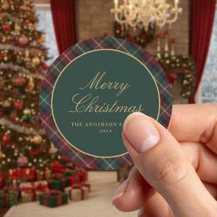 Sticker Rond Élégant Plaid de Noël Classique