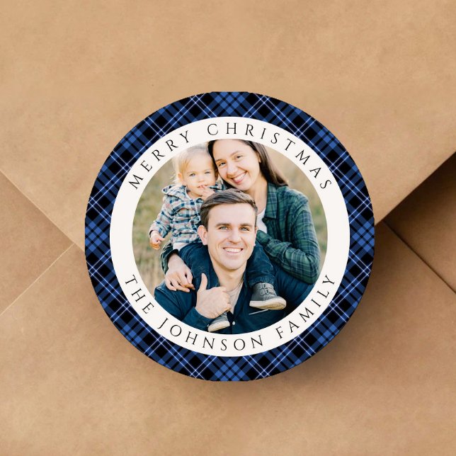 Sticker Rond Elegant Plaid Photo Christmas (Elegant Plaid Photo Christmas Classic Round Sticker)