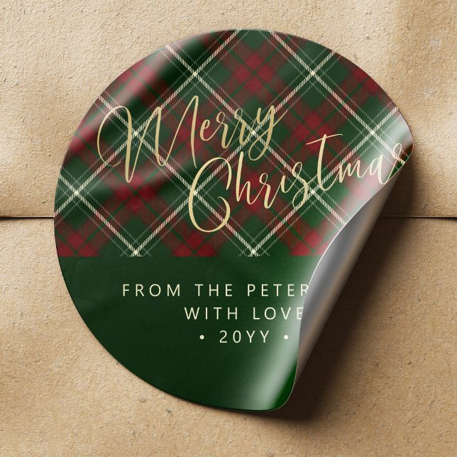 Sticker Rond Élégant plaid rustique rouge et vert Joyeux Noël (Créateur téléchargé)