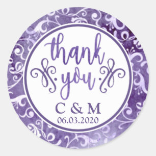 Sticker Rond Élégant pourpre fleurit Mariage Merci
