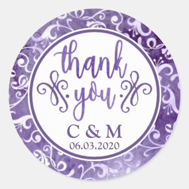 Sticker Rond Élégant pourpre fleurit Mariage Merci (Devant)