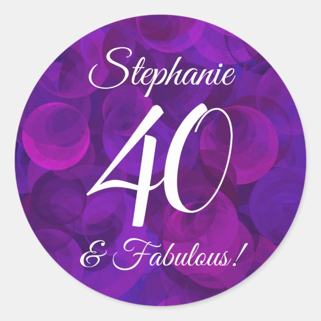 Sticker Rond Elégant Purple 40 et Fabuleux Anniversaire Favor (Devant)