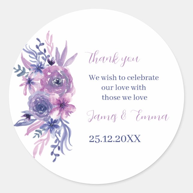 Sticker Rond Elégant Purple Aquarelle Fleur Mariage Personnalis (Devant)