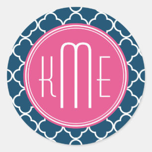 Sticker Rond Élégant Quatrefoil bleu marine avec Monogramme ros