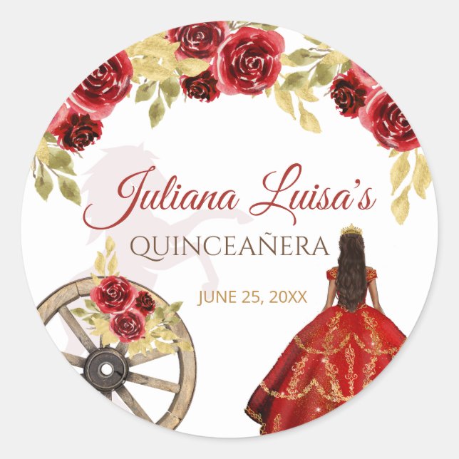 Sticker Rond Elégant Quinceañera Red Gold Charra Chevaux de la  (Devant)