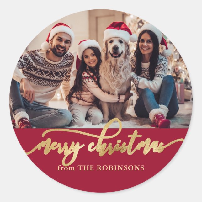 Sticker Rond Elegant Red and Gold Family Photo Christmas (Devant)