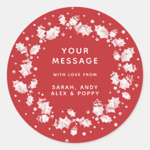 Sticker Rond Élégant Red Custom Text Noël Holly Wreath
