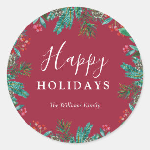 Sticker Rond Elégant Red Happy Holidays Wreath Nom de famille