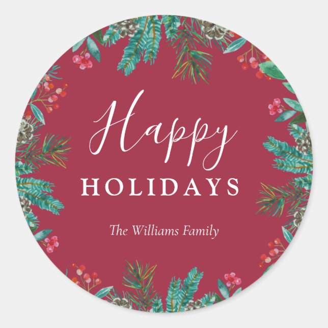 Sticker Rond Elégant Red Happy Holidays Wreath Nom de famille (Devant)