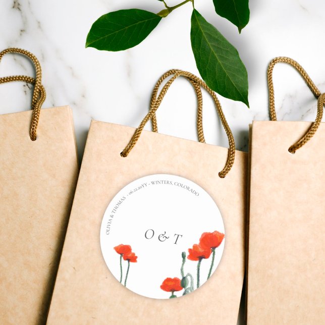 Sticker Rond Élégant Red Poppy moderne Couple Monogrammes Maria (Créateur téléchargé)