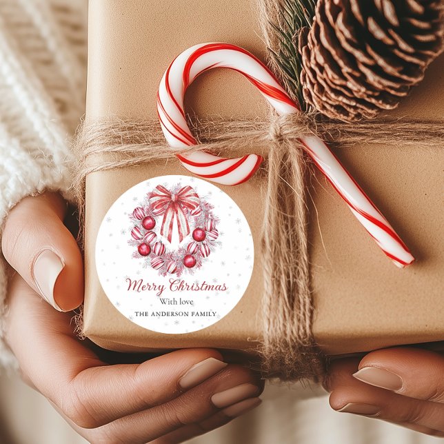 Sticker Rond Elegant Red white Christmas Wreath  (Red and white Christmas Wreath Round sticker)