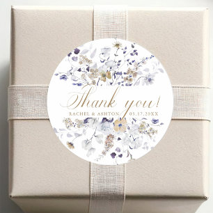 Sticker Rond Élégant Remerciements de Mariage Fleuris Violet Bl
