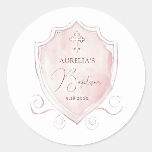 Sticker Rond Élégant rose Aquarelle Crest Baptême