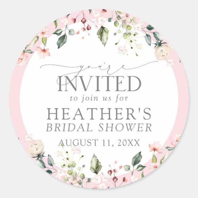 Sticker Rond Elégant rose Aquarelle Floral Douche invitation (Devant)