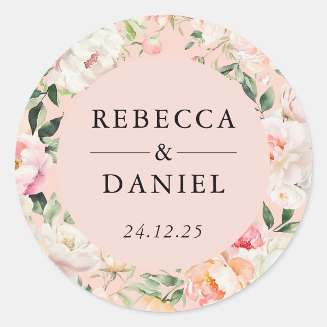 Sticker Rond Elégant rose Aquarelle Peonies Floral Mariage (Devant)