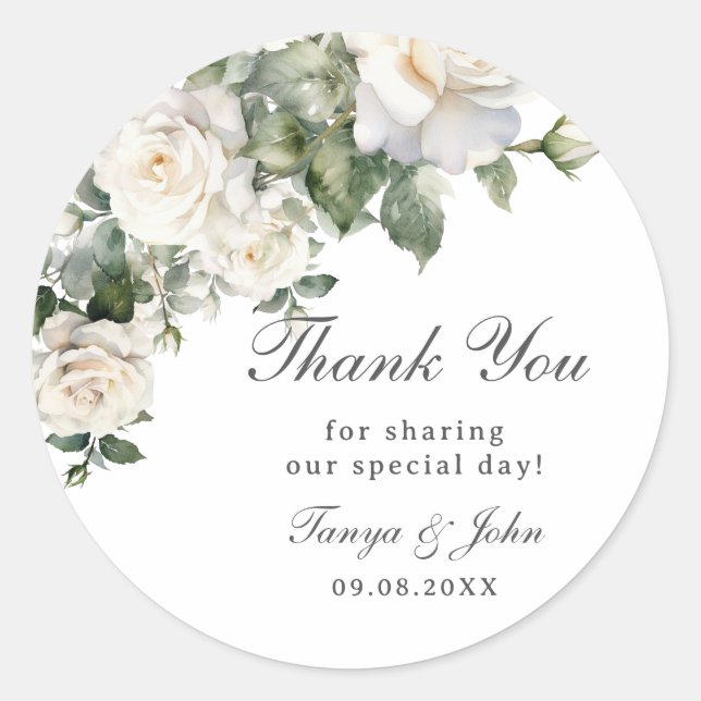 Sticker Rond Élégant Rose blanc ivoire Floral Mariage (Devant)