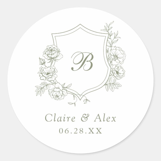 Sticker Rond Élégant Rose  Crest Mariage Monogramme (Devant)