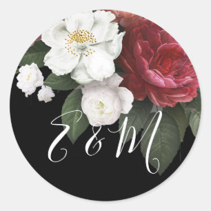 Sticker Rond Élégant Rose de Bourgogne Mariage Monogram