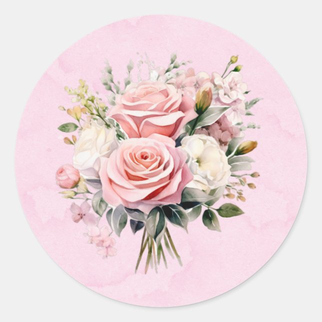 Sticker Rond Elégant Rose de couleur rose Mariage Bouquet  (Devant)