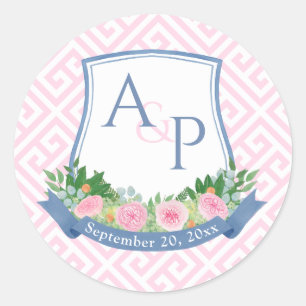 Sticker Rond Élégant Rose Et Marine Monogram Mariage Crest Favo