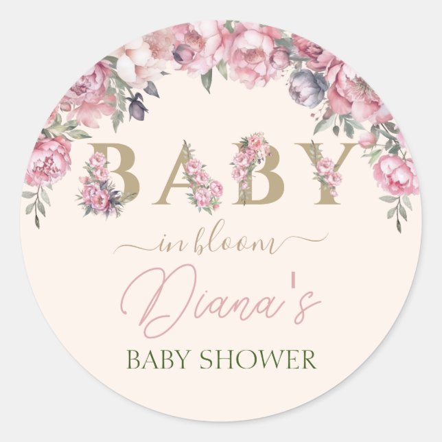 Sticker Rond Élégant Rose Floral Blush Pink Gold Baby shower (Devant)