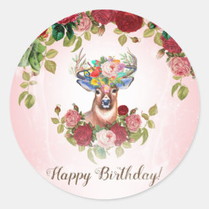 Sticker Rond Élégant Rose floral doux et rose Cher anniversaire
