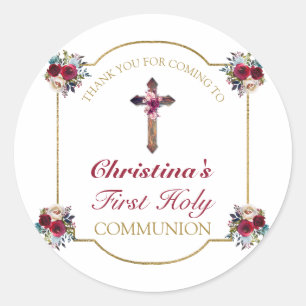 Sticker Rond Élégant Rose Floral Gold First Holy Communion