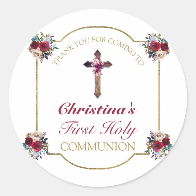 Sticker Rond Élégant Rose Floral Gold First Holy Communion (Devant)