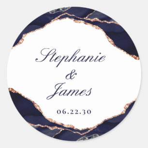 Sticker Rond Elégant Rose Gold Foil Marine Blue Agate Mariage