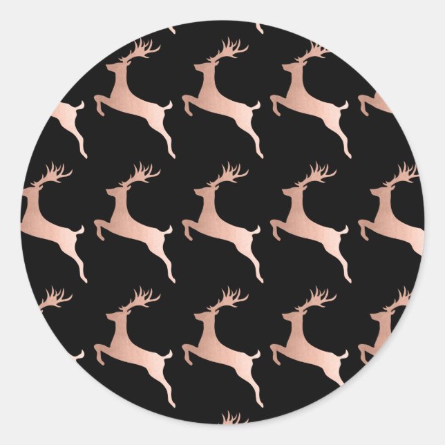 Sticker Rond Élégant Rose Gold Noir Reindeer Motif de Noël (Devant)