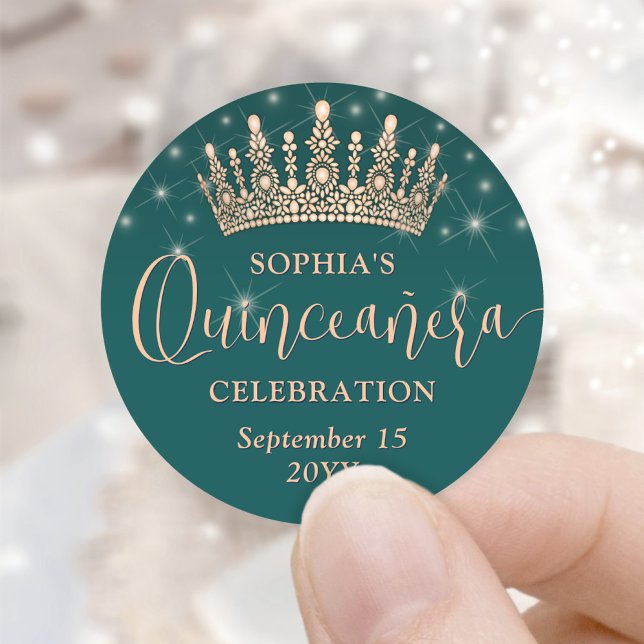 Sticker Rond Élégant Rose or Quinceañera Couronne vert (Créateur téléchargé)