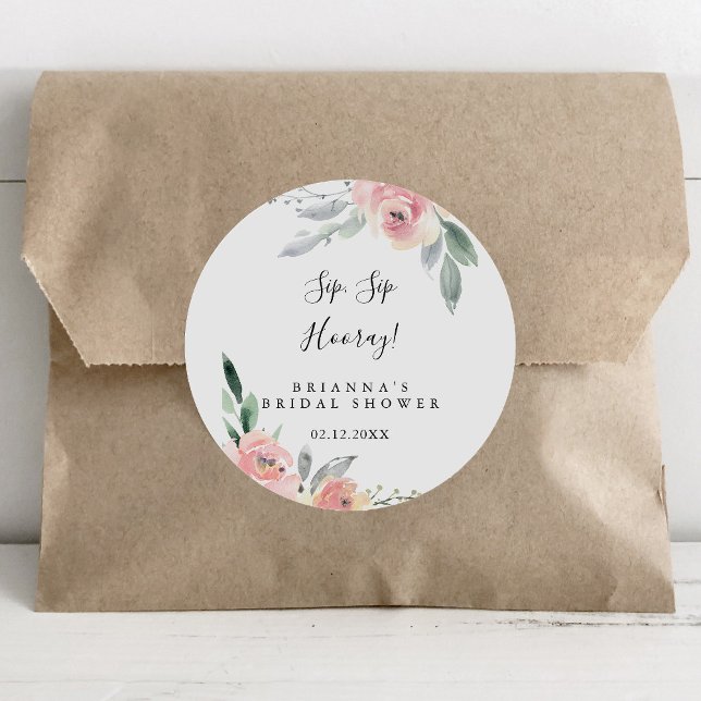 Sticker Rond Élégant Rose Pâle Sip Sip Hourra Baby Shower de Ma (Créateur téléchargé)