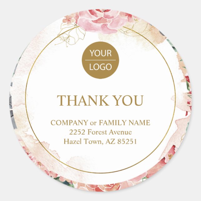 Sticker Rond Elégant rose pastel floral "Merci" (Devant)