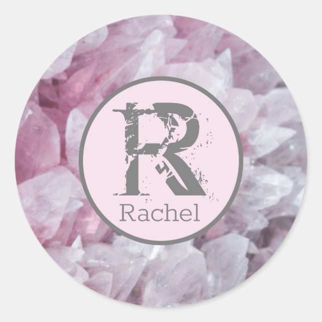 Sticker Rond Élégant rose Quartz Nom Monogramme Modèle (Devant)