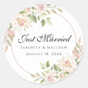 Sticker Rond Élégant Rose Rose Floral Juste Marié Mariage Clas