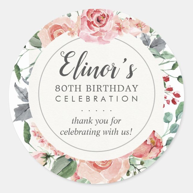 Sticker Rond Élégant rose rose florale 80e anniversaire Merci (Devant)