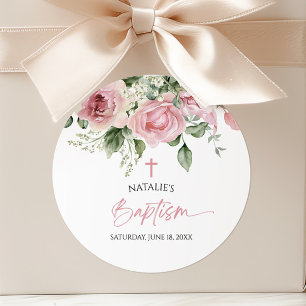 Sticker Rond Élégant rose rose rose floral Baptême