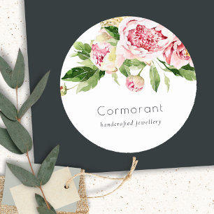 Sticker Rond Elégant rose rose vert Aquarelle Peony Floral